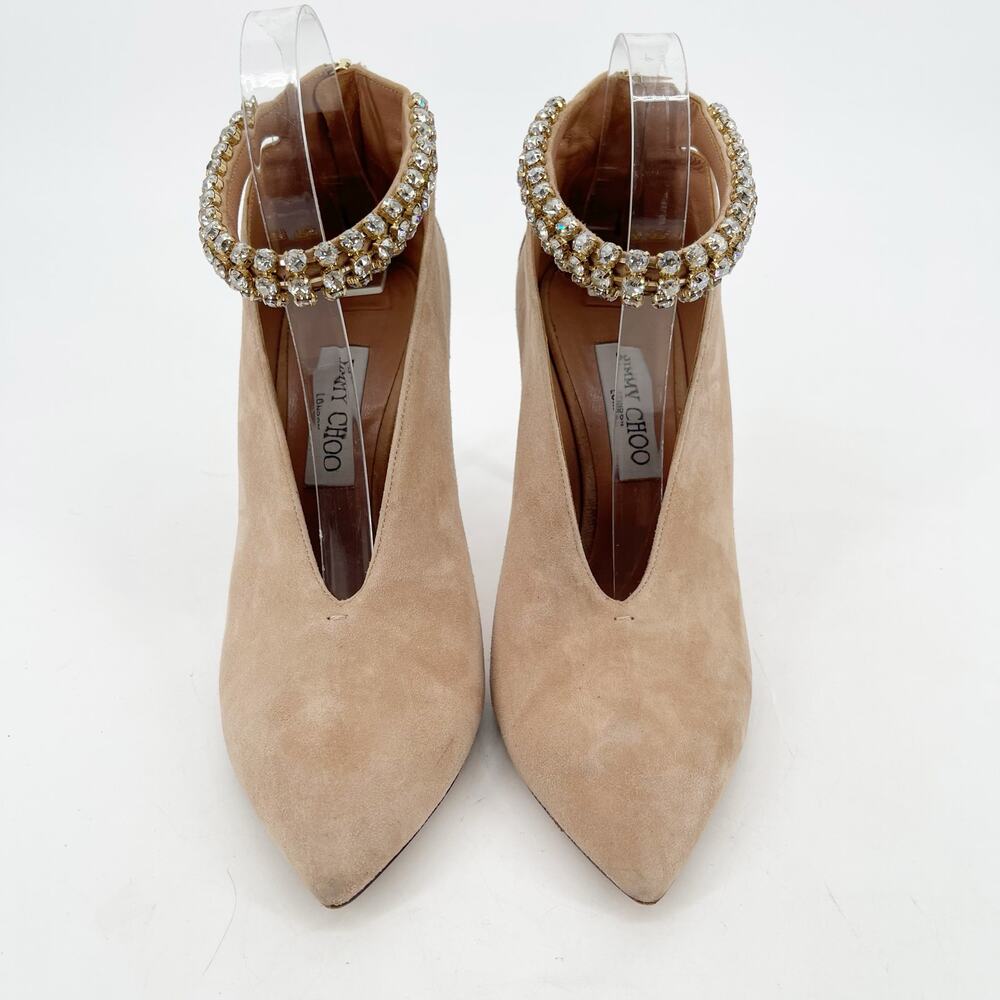 Jimmy Choo Beige Suede Lux 100 Crystal Vamp Pointed Toe Bootie Heels IT 40 - Picture 5 of 13